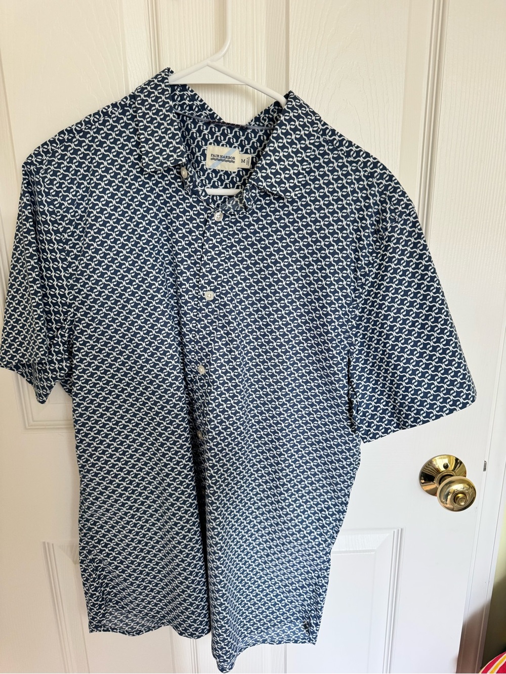 Fair Harbor Navy and White Short-Sleeve Button-Down Shirt with Geometric Print